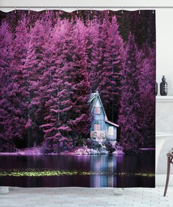 Lavender Shower Curtain with Scenic View of Purple Trees by Lake for a Relaxing Bathroom Decor