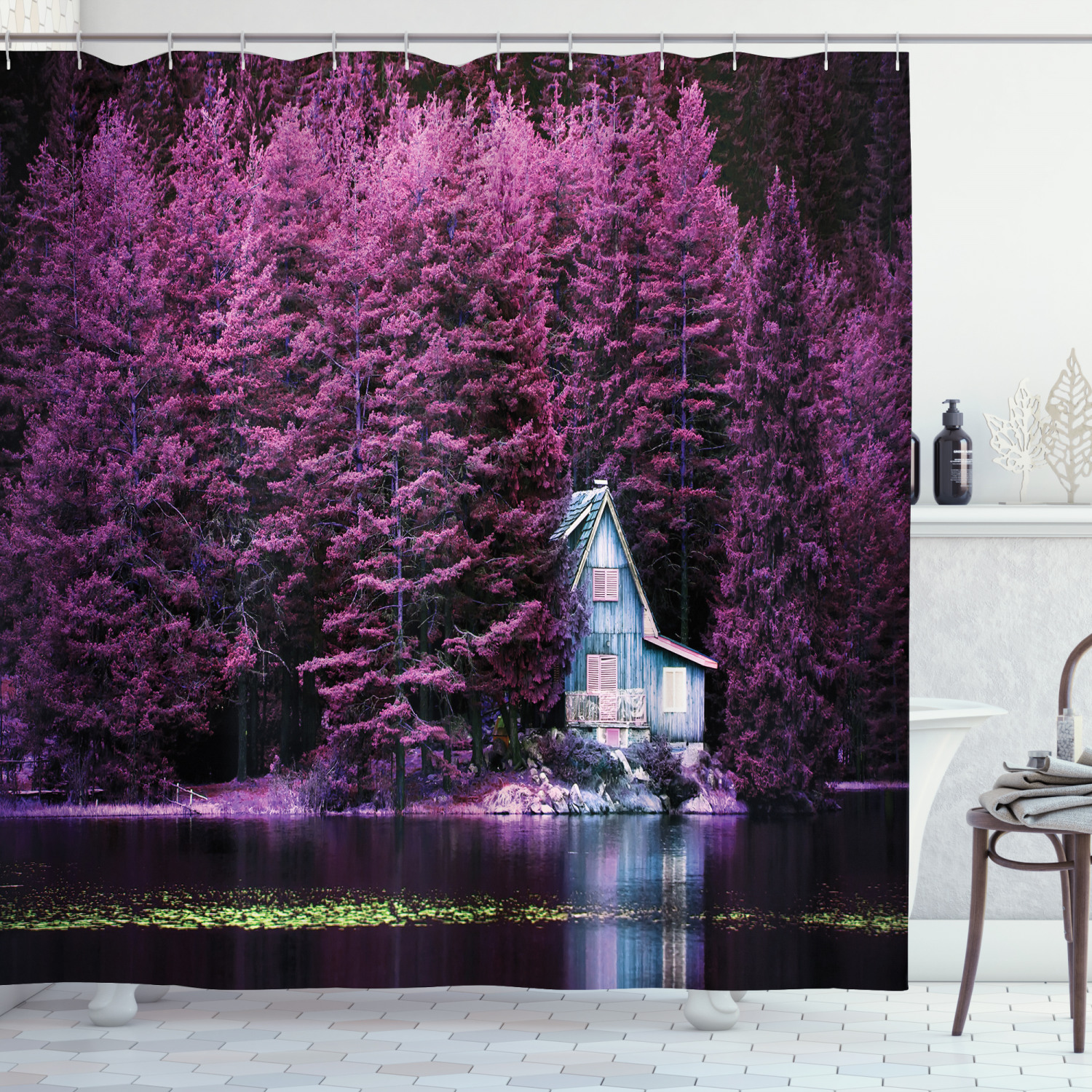 Lavender Shower Curtain with Scenic View of Purple Trees by Lake for a Relaxing Bathroom Decor