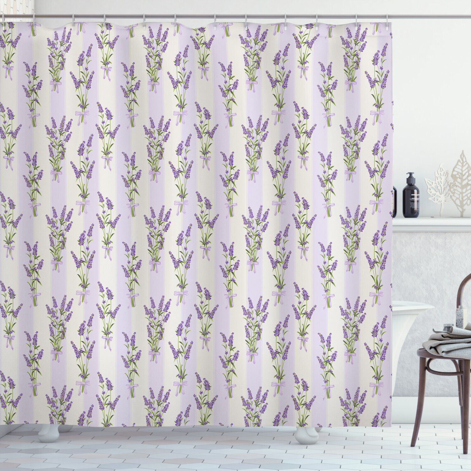 Lavender Stripes And Flower Print Shower Curtain - A Soft And Feminine Design For Your Bathroom