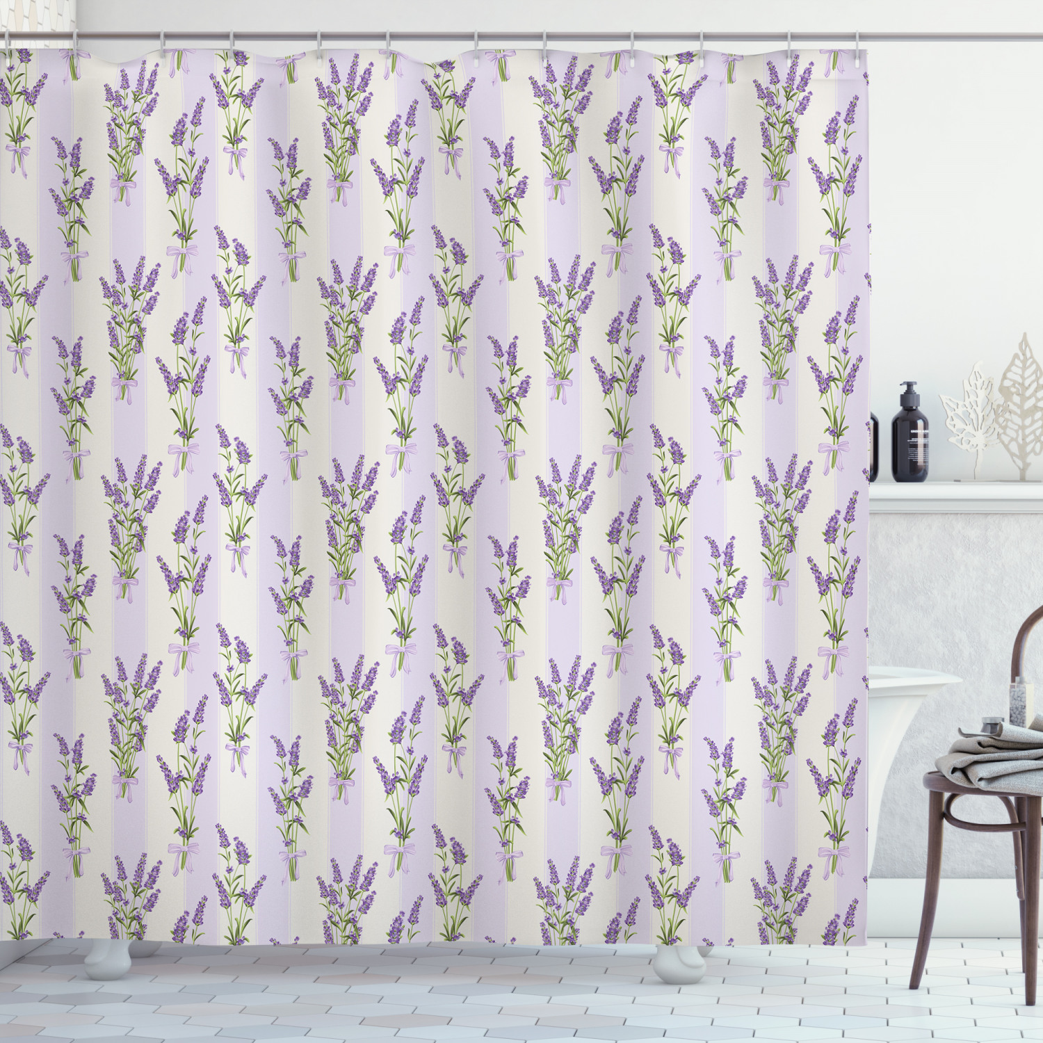 Lavender Stripes And Flower Print Shower Curtain - A Soft And Feminine Design For Your Bathroom - Image 3