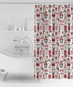 Lazone Christmas Shower Curtain with Santa Claus Snowman Bear Penguin Elk Design for Festive Bathroom Decor