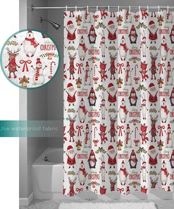Lazone Christmas Shower Curtain with Santa Claus Snowman Bear Penguin Elk Design for Festive Bathroom Decor