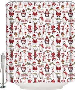 Lazone Christmas Shower Curtain with Santa Claus Snowman Bear Penguin Elk Design for Festive Bathroom Decor