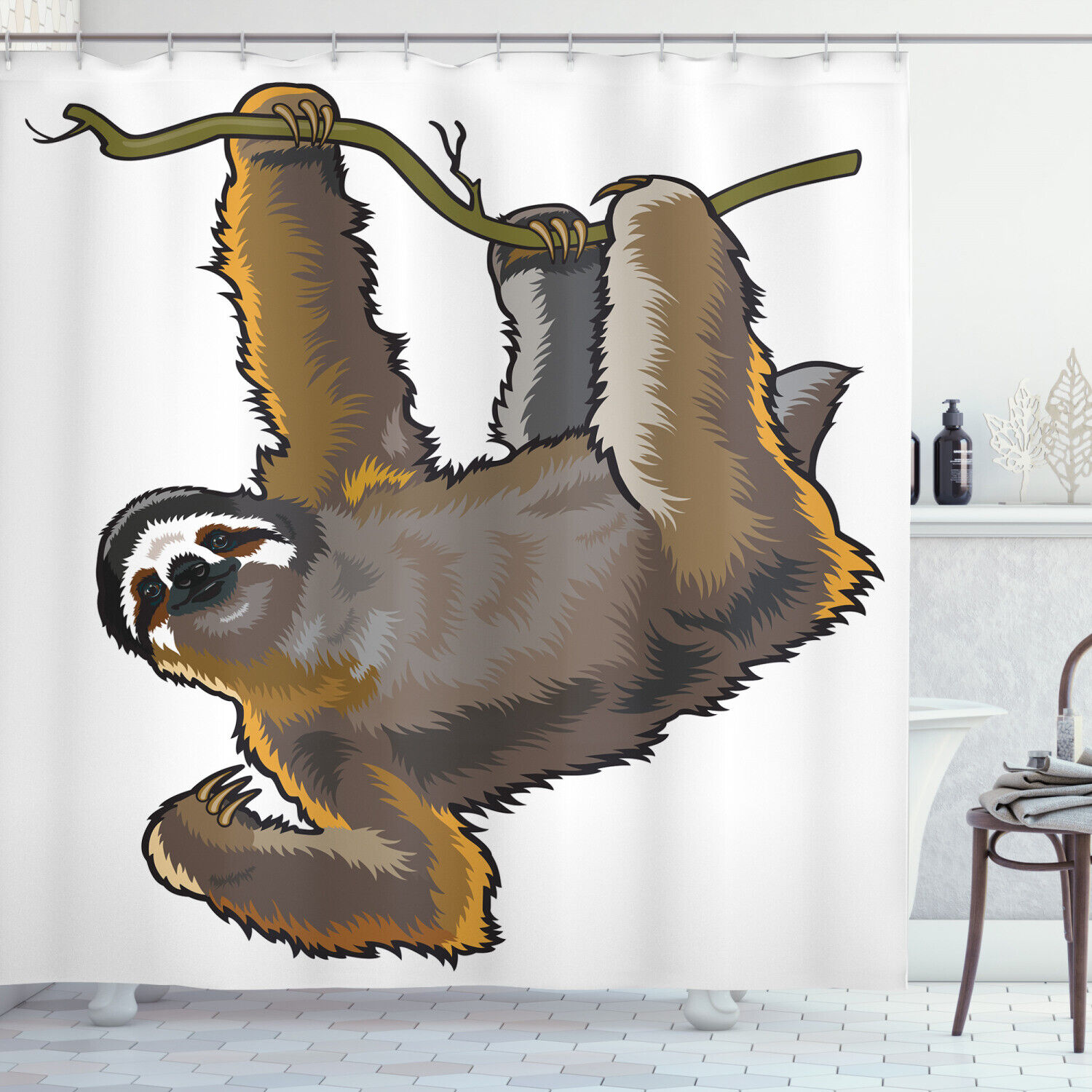 Lazy Sloth Bear Cartoon Print Animal Shower Curtain For Kids Bathroom