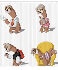 Lazy Sloth Family Cartoon Shower Curtain, Fun and Whimsical Bathroom Decor