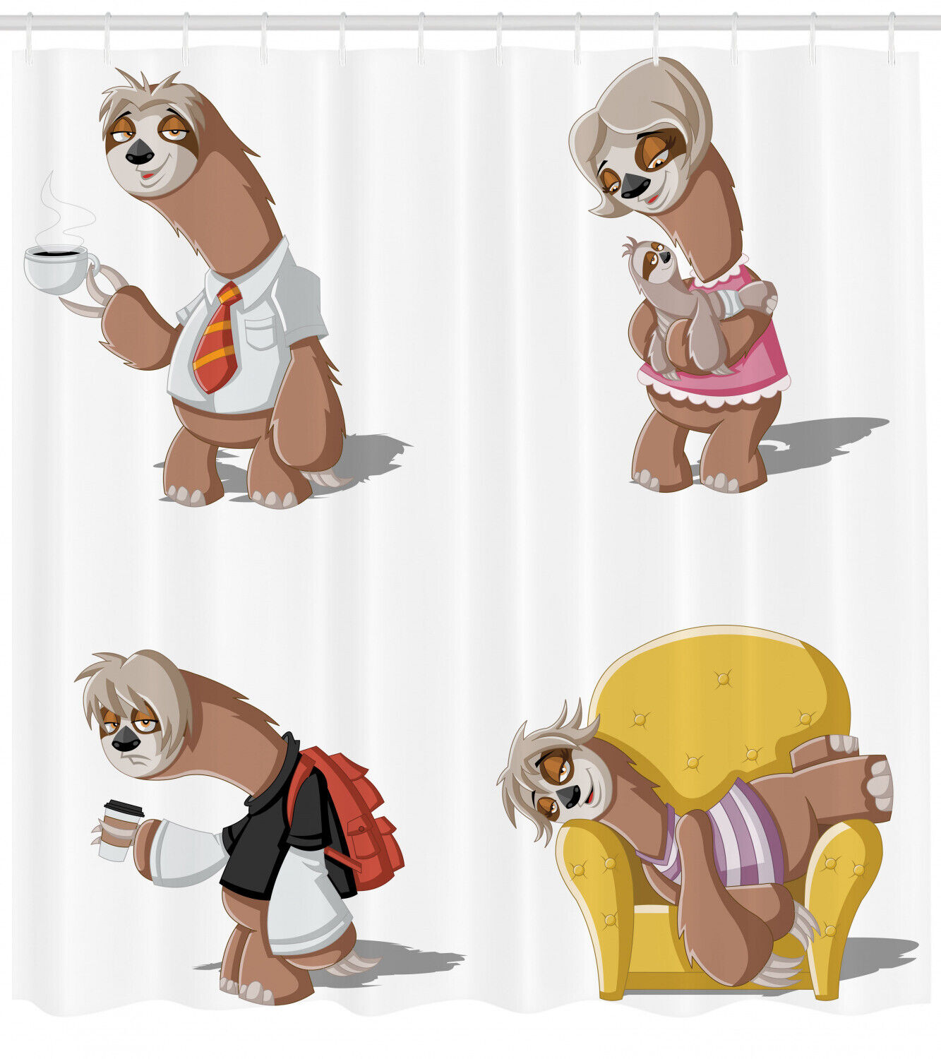 Lazy Sloth Family Cartoon Shower Curtain, Fun and Whimsical Bathroom Decor