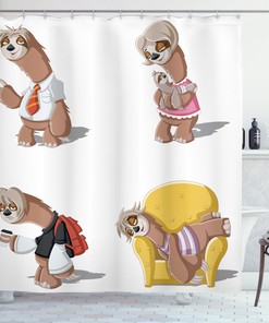 Lazy Sloth Family Cartoon Shower Curtain, Fun and Whimsical Bathroom Decor