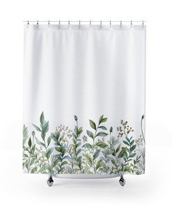 Leafy Botanical Shower Curtain - Eucalyptus Leaves Plants Print - Countryside Garden Pattern