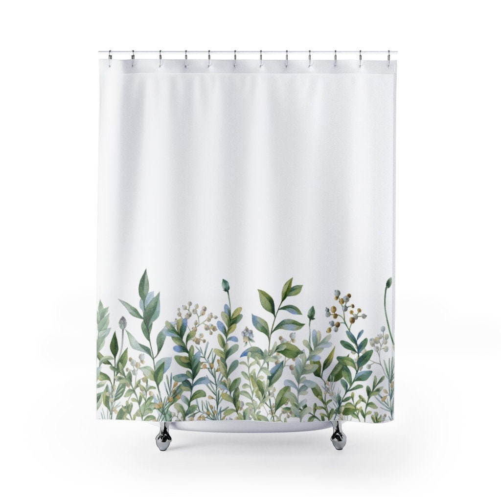 Leafy Botanical Shower Curtain - Eucalyptus Leaves Plants Print - Countryside Garden Pattern