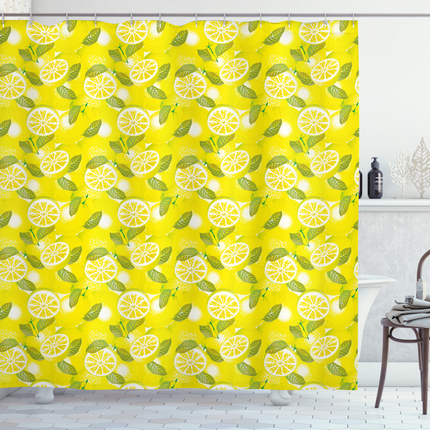 Leafy Green Plant Print Shower Curtain for a Nature-inspired Bathroom.