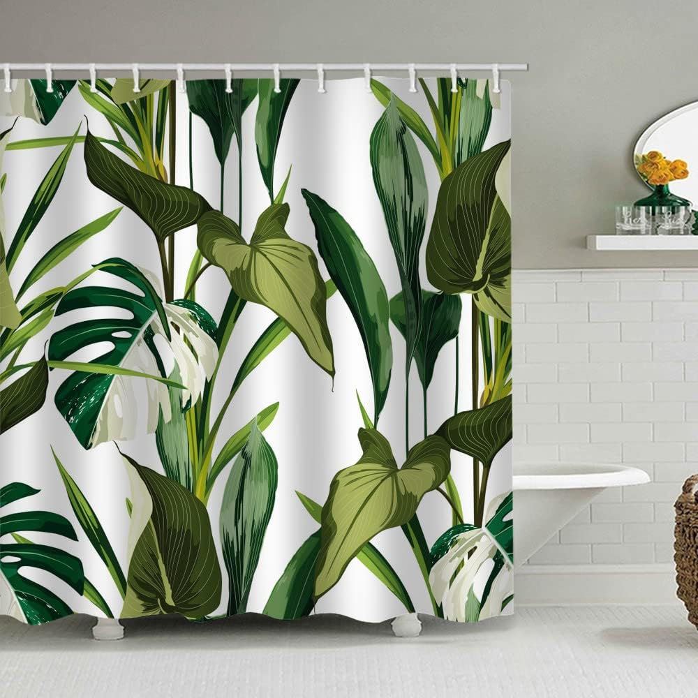 Leafy Palm Shower Curtain for Green Tropical Jungle Bathroom Decor