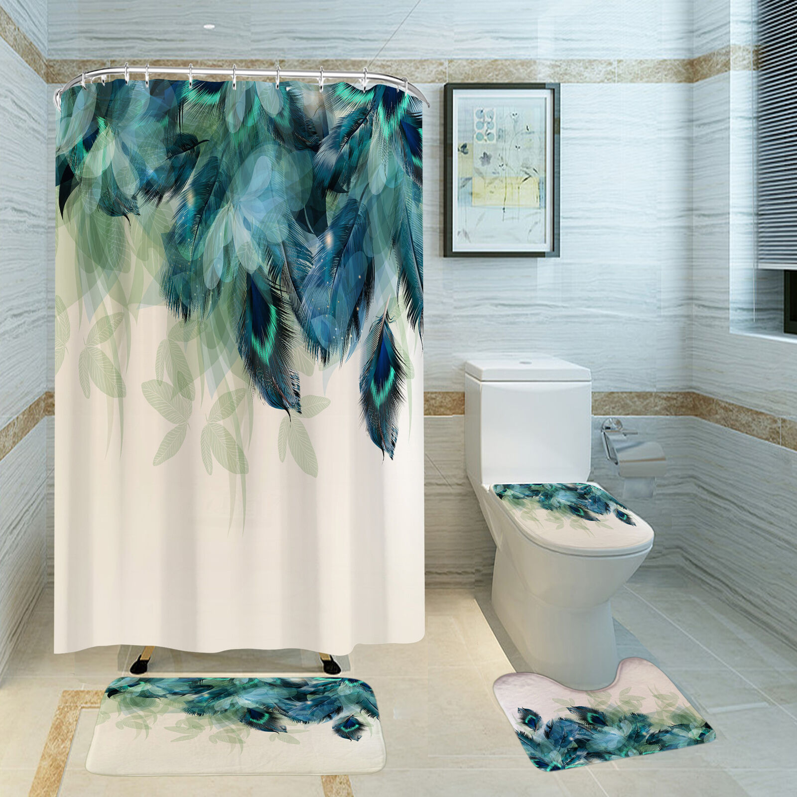 Leafy and Feathery Peacock Feather Design Shower Curtain