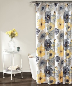 Leah Large Blooms Shower Curtain in Yellow and Gray Fabric Print for the Bathroom