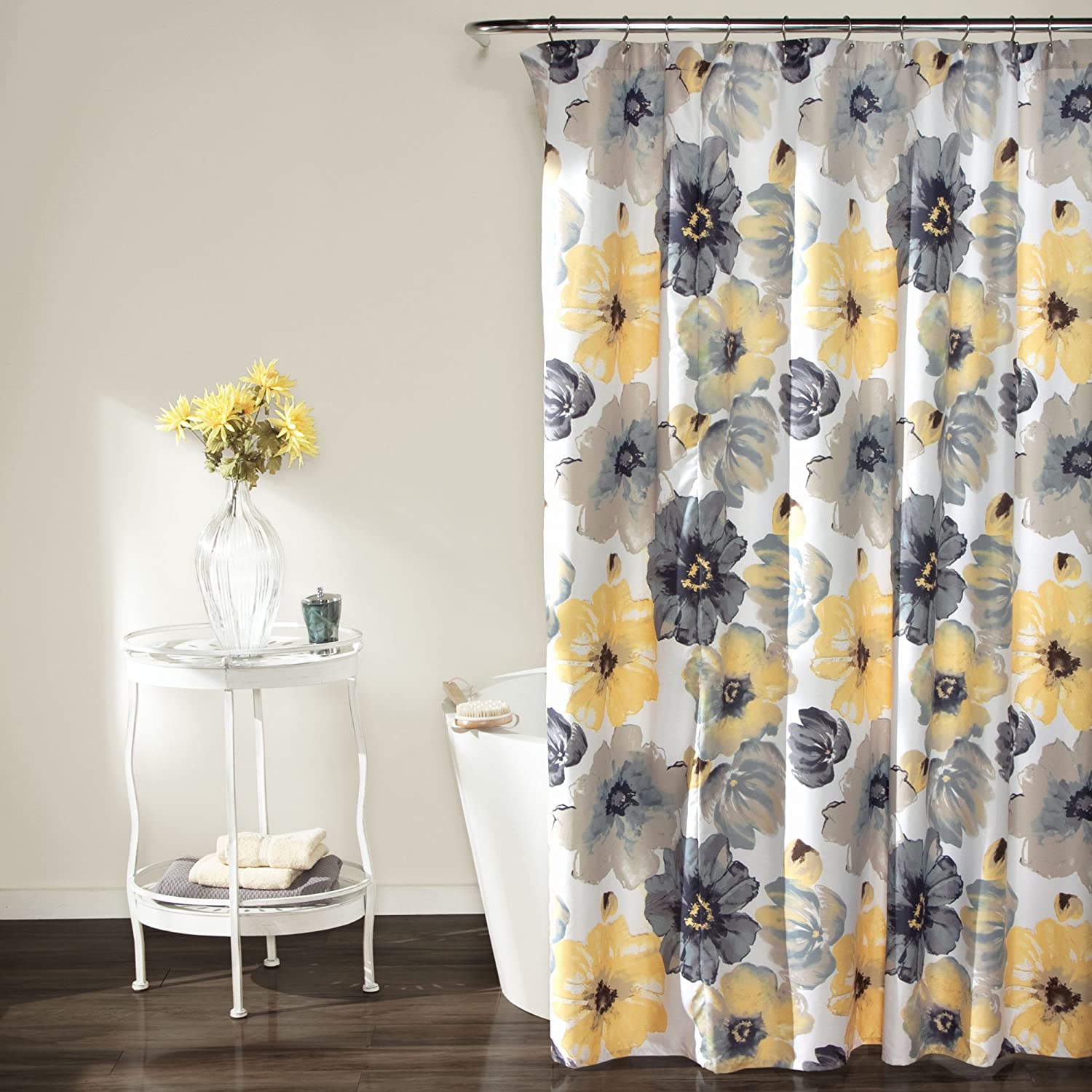Leah Large Blooms Shower Curtain in a Yellow and Gray Fabric Print Design for the Bathroom