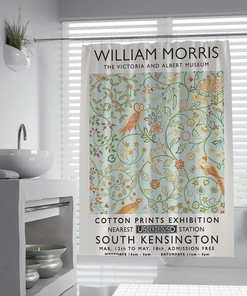Leaves, Flowers, and Owl Birds William Morris Shower Curtain - Customizable Farmhouse Bathroom Decor