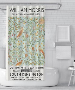 Leaves, Flowers, and Owl Birds William Morris Shower Curtain - Customizable Farmhouse Bathroom Decor