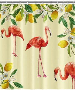 Lemon And Tropical Leaves Print Shower Curtain For Summer Bathroom Decor