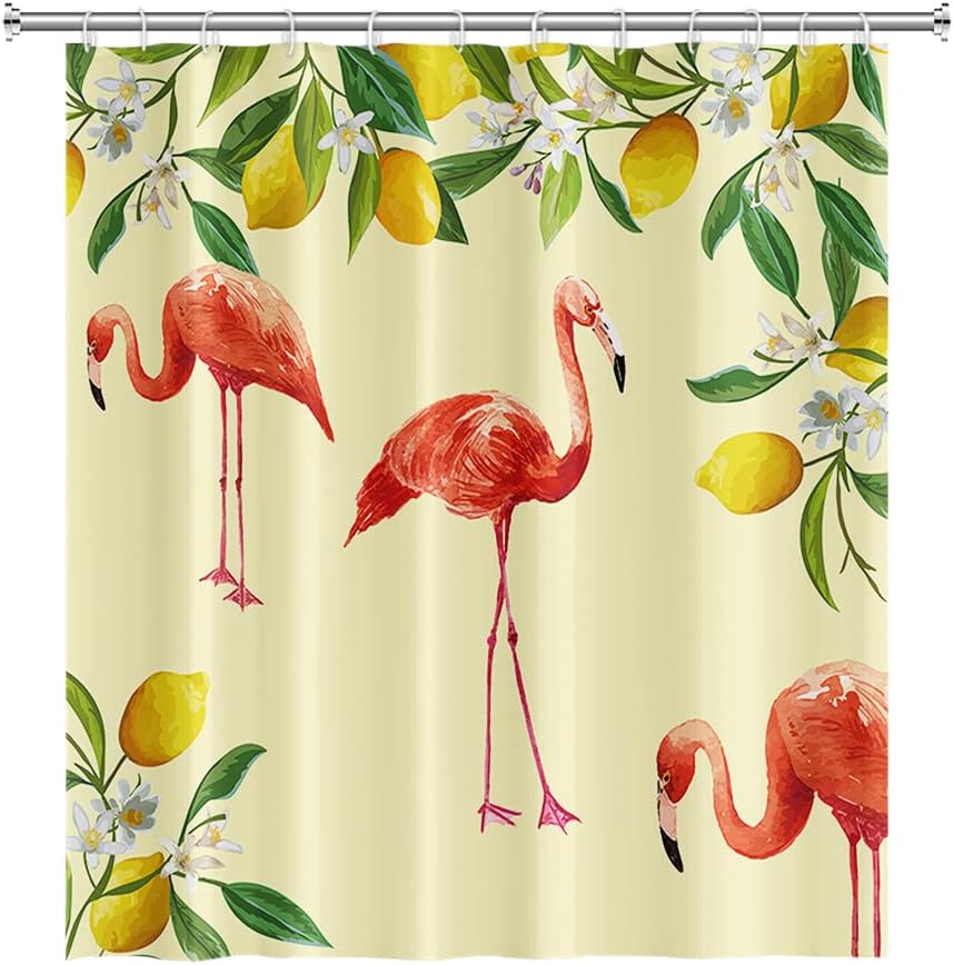 Lemon And Tropical Leaves Print Shower Curtain For Summer Bathroom Decor