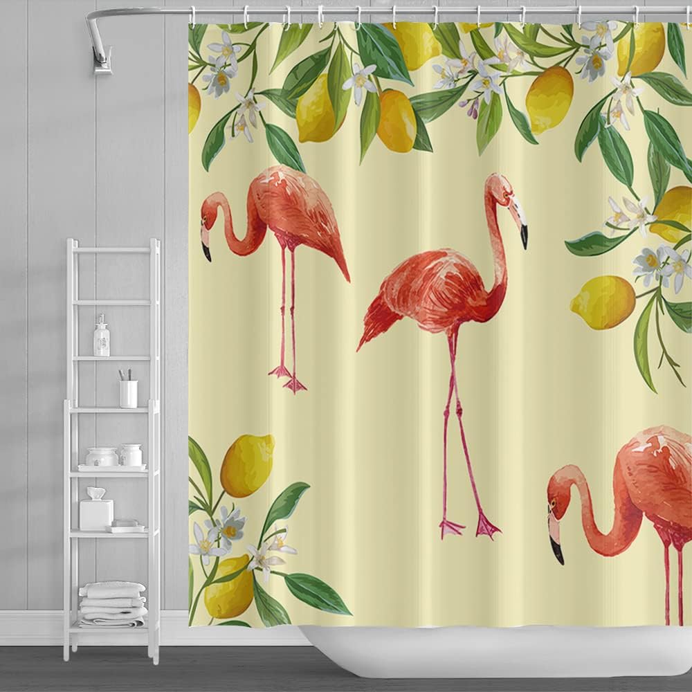 Lemon And Tropical Leaves Print Shower Curtain For Summer Bathroom Decor