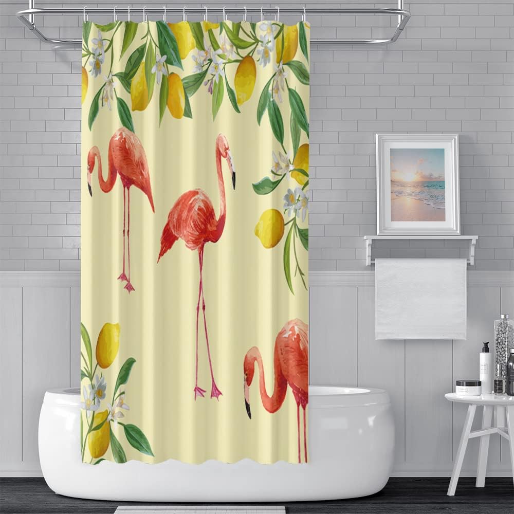 Lemon And Tropical Leaves Print Shower Curtain For Summer Bathroom Decor