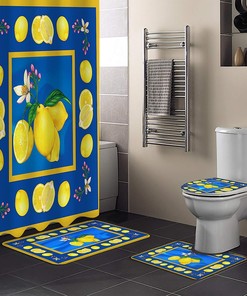 Lemon Flower Blue Texture Shower Curtain with Yellow Frame for Vintage Bathroom