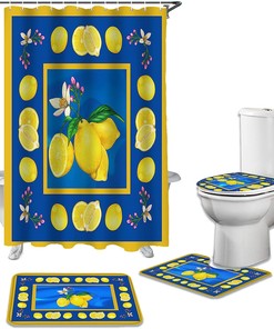 Lemon Flower Blue Texture Shower Curtain with Yellow Frame for Vintage Bathroom