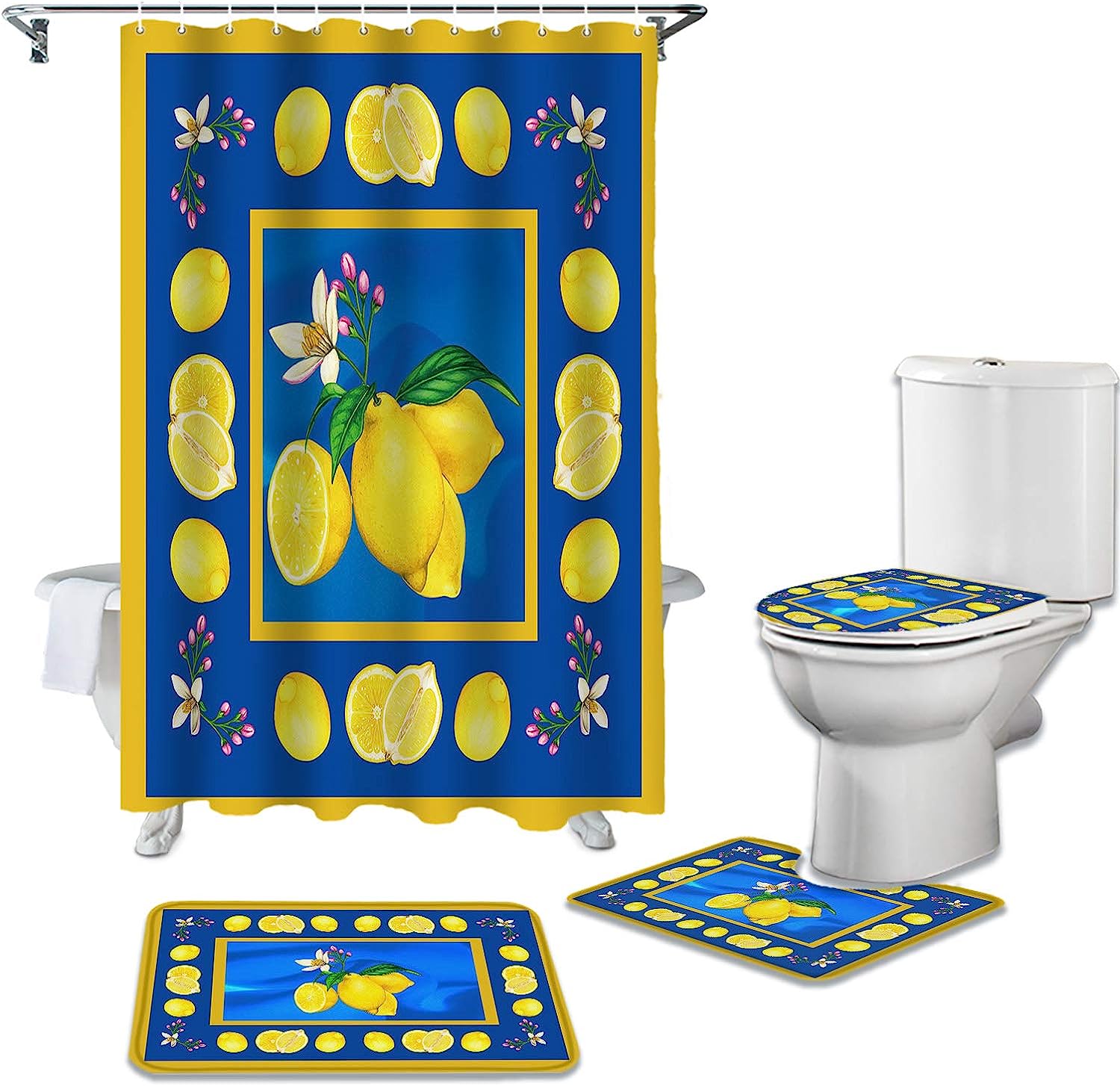 Lemon Flower Blue Texture Shower Curtain with Yellow Frame for Vintage Bathroom