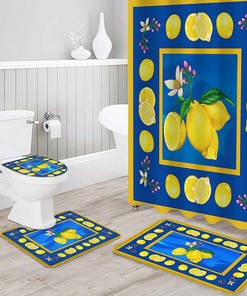 Lemon Flower Blue Texture Shower Curtain with Yellow Frame for Vintage Bathroom