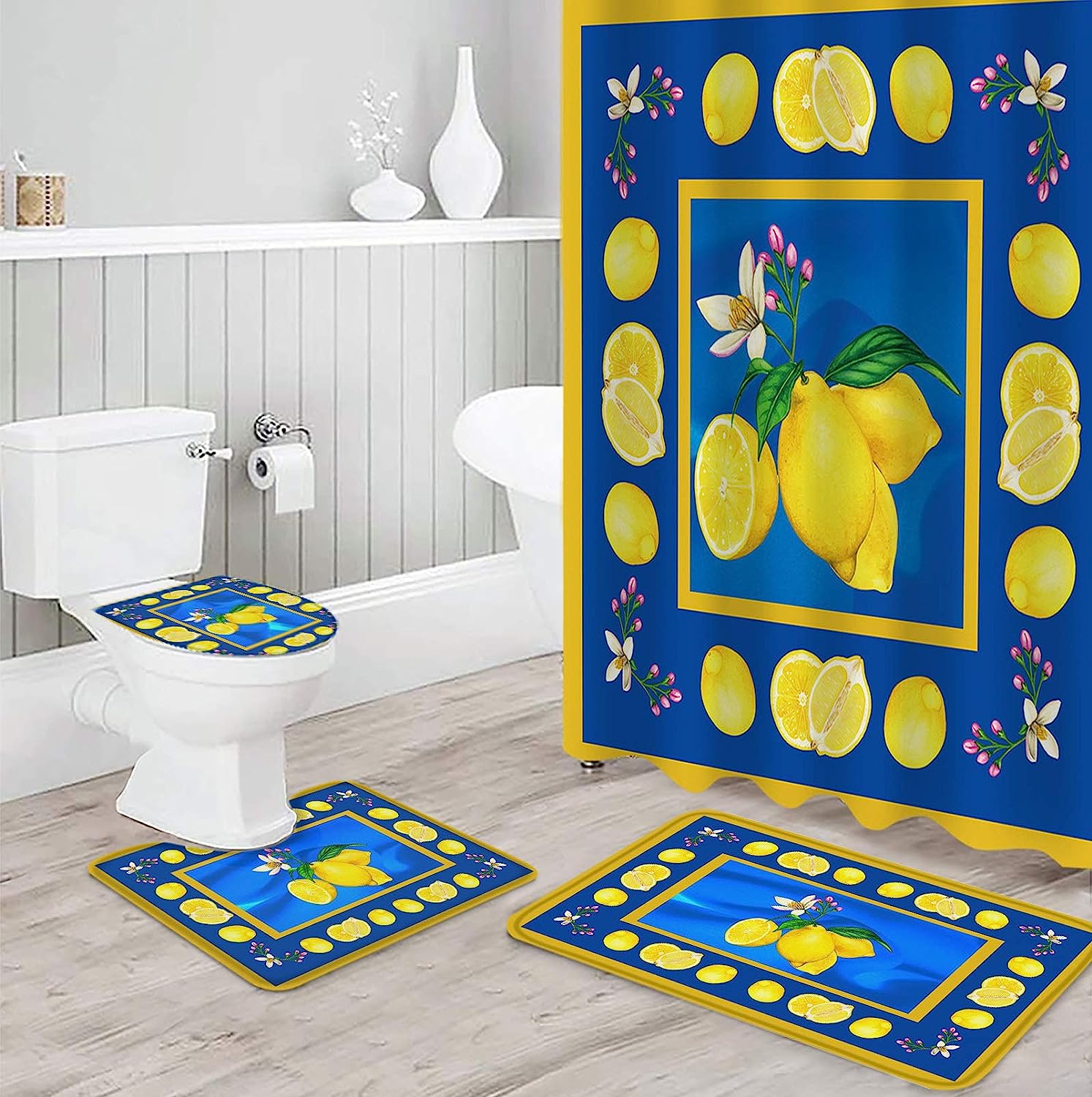 Lemon Flower Blue Texture Shower Curtain with Yellow Frame for Vintage Bathroom