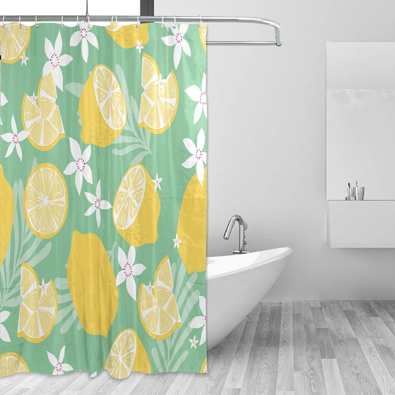 Lemon Flowers Print Waterproof Fabric Shower Curtain for Bathroom Decor
