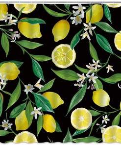 Lemon Fruit Print Shower Curtain with Tropical Flowers for Bathroom Decor