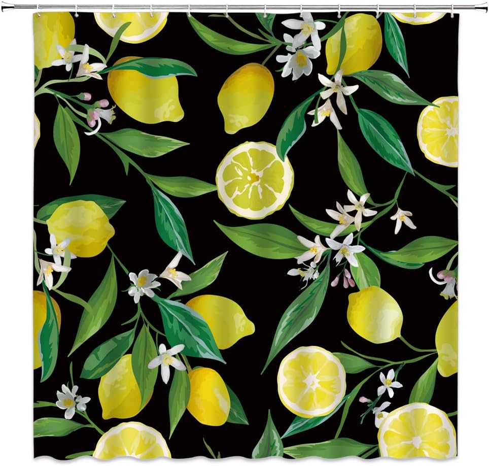 Lemon Fruit Print Shower Curtain with Tropical Flowers for Bathroom Decor