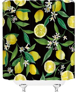 Lemon Fruit Print Shower Curtain with Tropical Flowers for Bathroom Decor