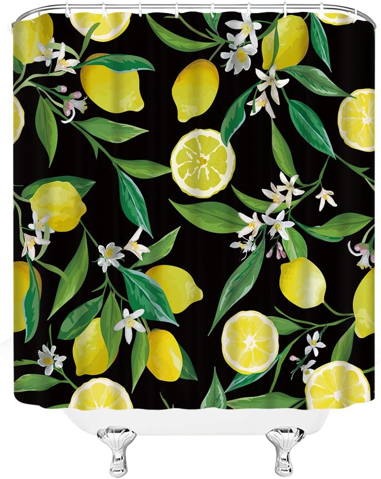 Lemon Fruit Print Shower Curtain with Tropical Flowers for Bathroom Decor