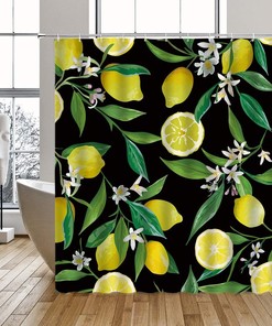 Lemon Fruit Print Shower Curtain with Tropical Flowers for Bathroom Decor
