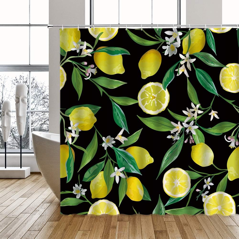 Lemon Fruit Print Shower Curtain with Tropical Flowers for Bathroom Decor