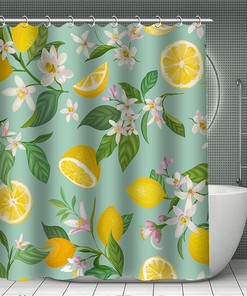 Lemon Fruits Shower Curtain - A Refreshing and Vibrant Addition to Your Bathroom with Green Leaves and Flowers Design