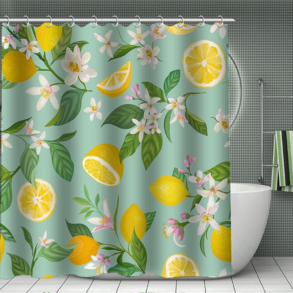Lemon Fruits Shower Curtain - A Refreshing and Vibrant Addition to Your Bathroom with Green Leaves and Flowers Design