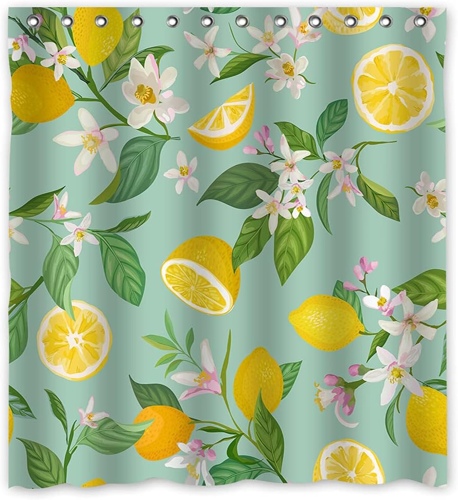 Lemon Fruits Shower Curtain - A Refreshing and Vibrant Addition to Your Bathroom with Green Leaves and Flowers Design