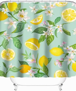 Lemon Fruits Shower Curtain - A Refreshing and Vibrant Addition to Your Bathroom with Green Leaves and Flowers Design