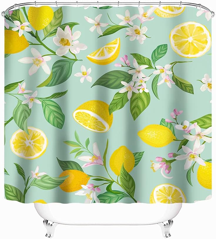 Lemon Fruits Shower Curtain - A Refreshing and Vibrant Addition to Your Bathroom with Green Leaves and Flowers Design