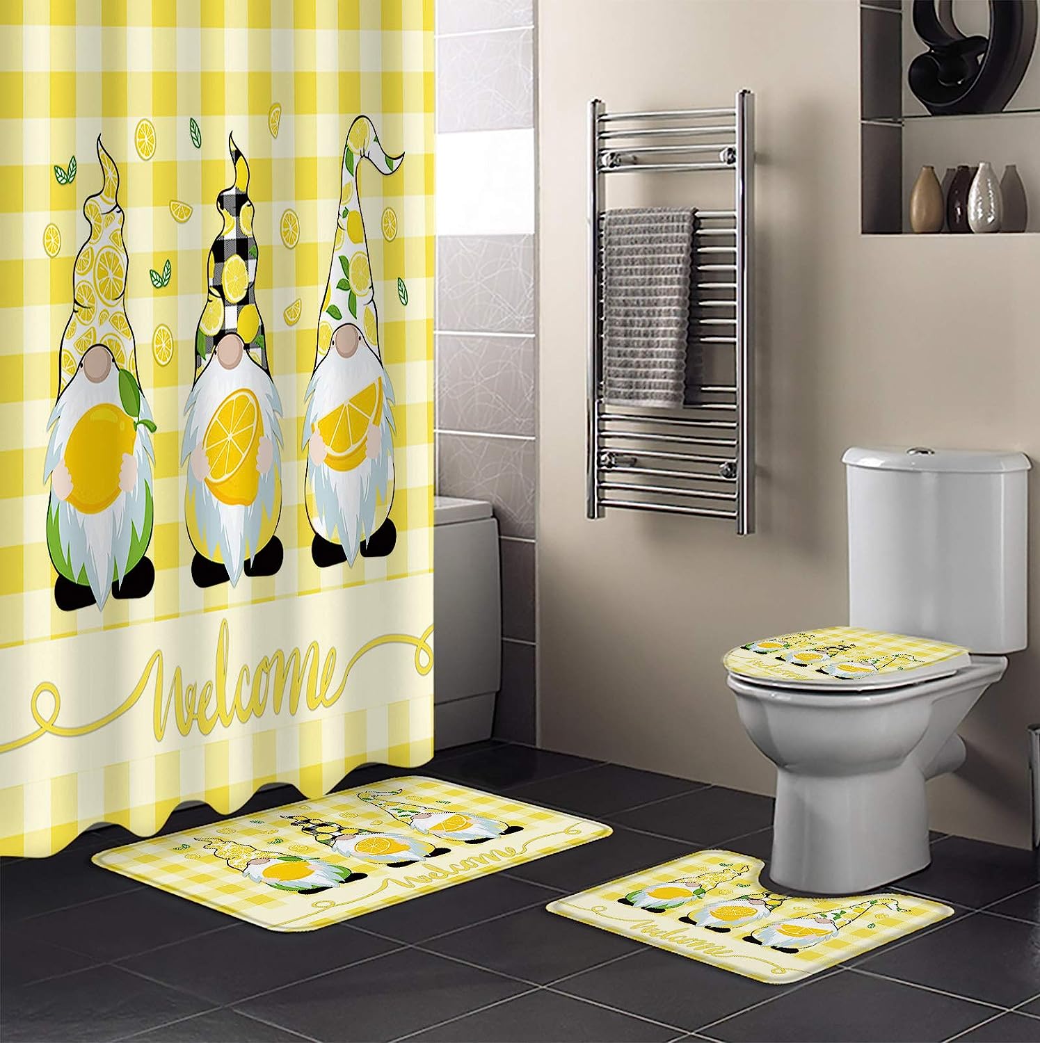 Lemon Gnome Buffalo Plaid Shower Curtain for Farmhouse Bathroom