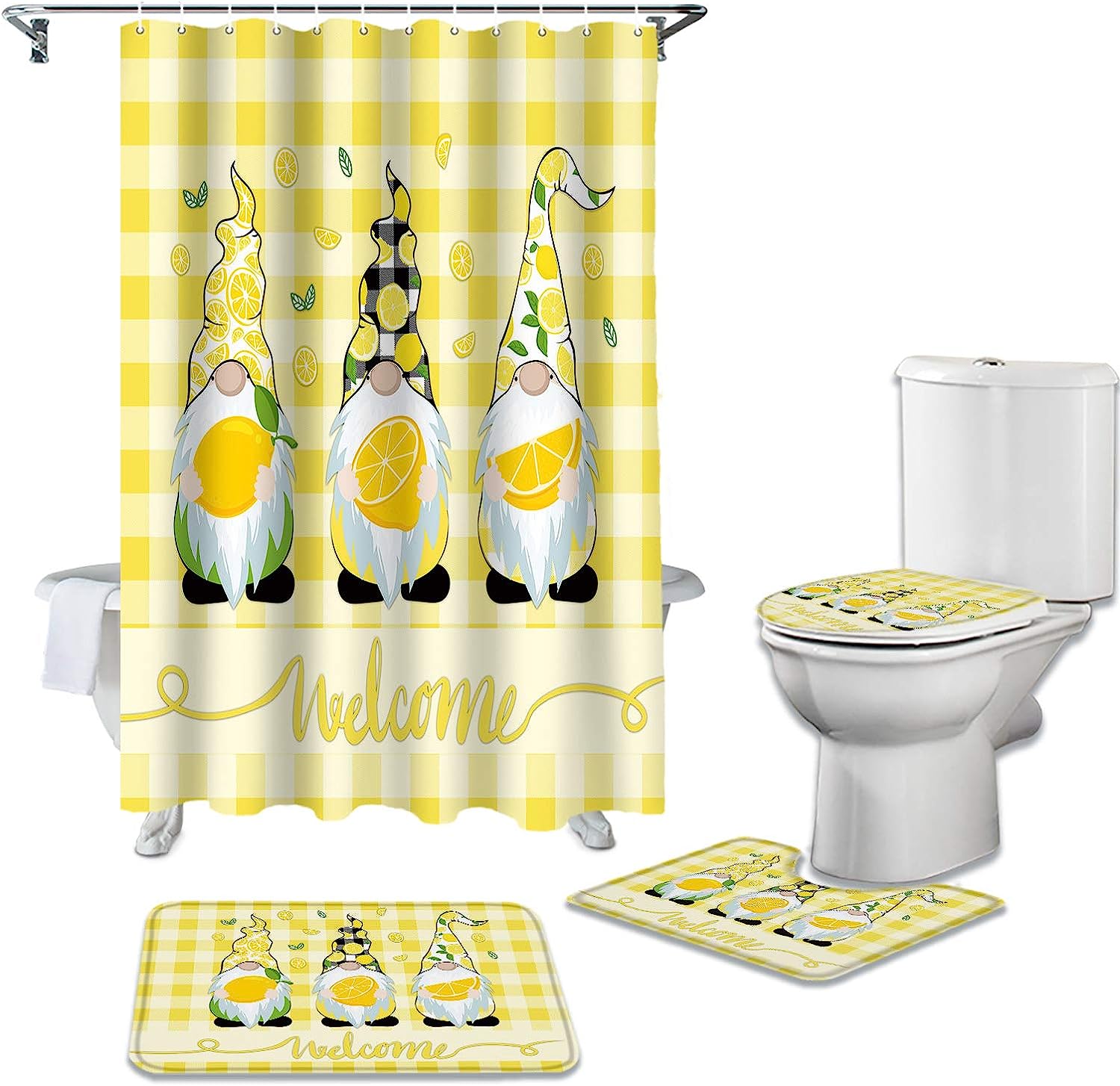 Lemon Gnome Buffalo Plaid Shower Curtain for Farmhouse Bathroom