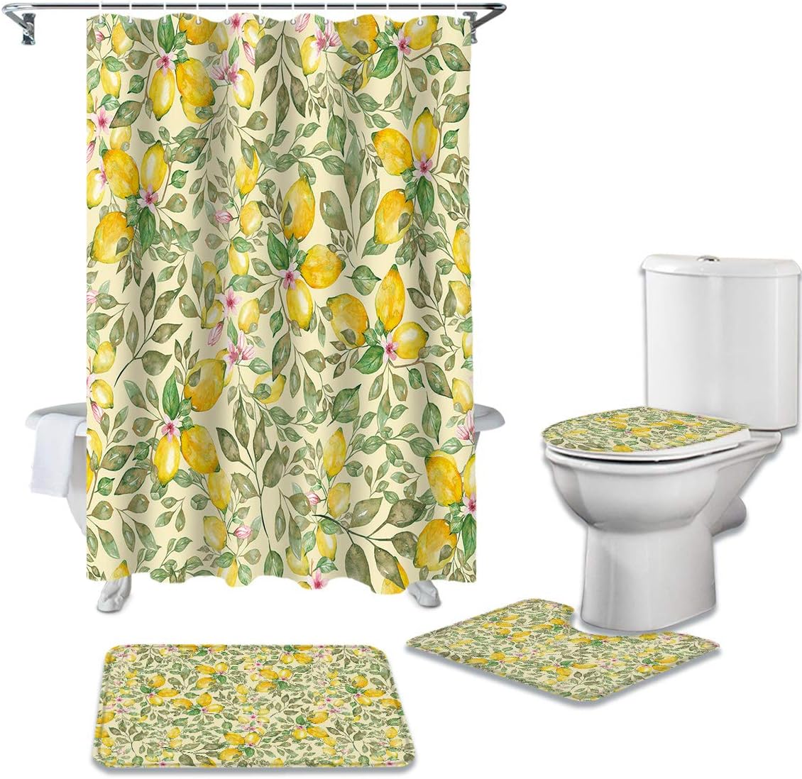 Lemon Green Leaf Pink Flower Vintage Bathroom Shower Curtains