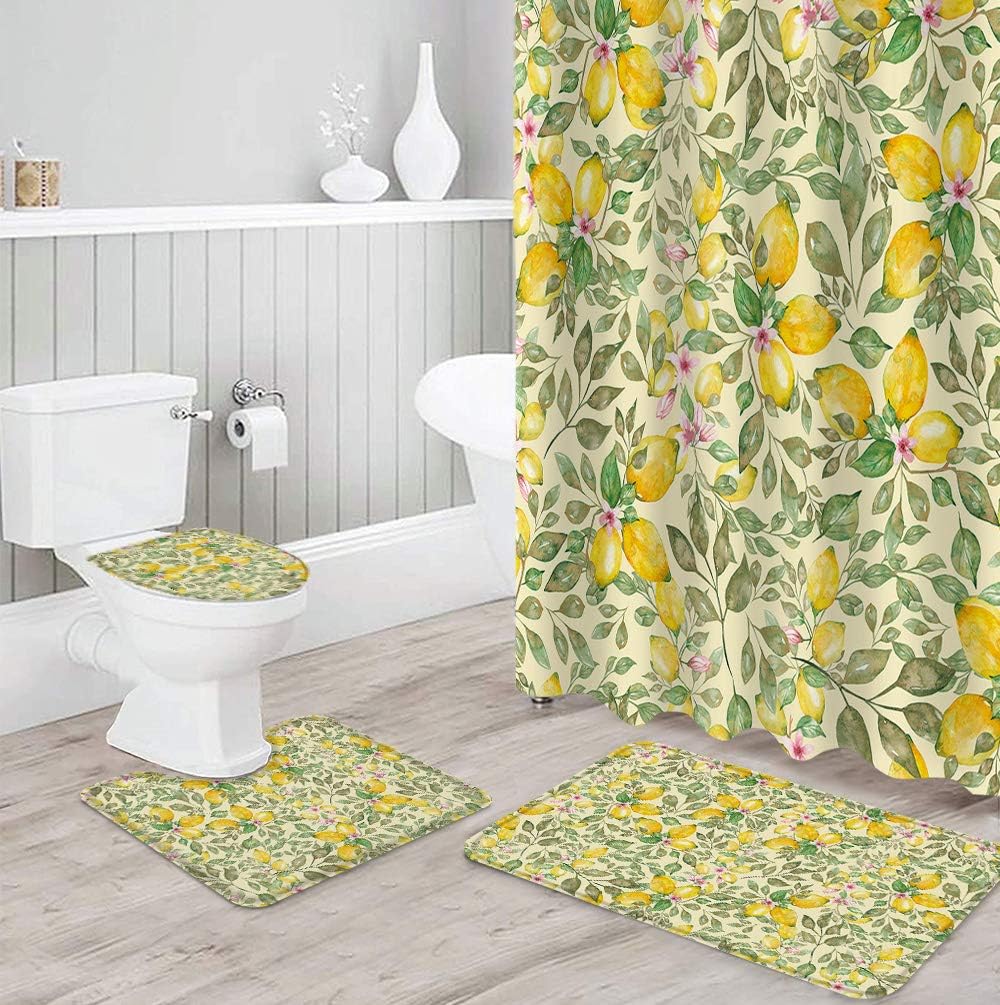 Lemon Green Leaf Pink Flower Vintage Bathroom Shower Curtains