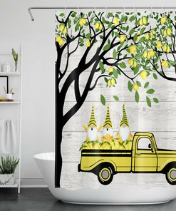 Lemon Green Leaves Farmhouse Truck Shower Curtain With Cute Gnomes And Vintage Design For Bathroom Bathtub