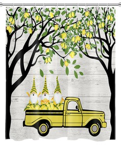 Lemon Green Leaves Farmhouse Truck Shower Curtain With Cute Gnomes And Vintage Design For Bathroom Bathtub