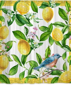 Lemon Green Shower Curtain - Summer Fruit and Leaves with Bird Ornament Design