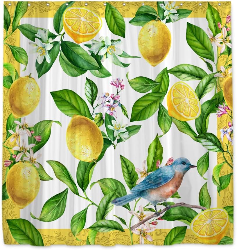 Lemon Green Shower Curtain - Summer Fruit and Leaves with Bird Ornament Design