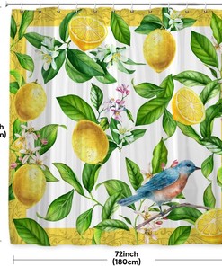 Lemon Green Shower Curtain - Summer Fruit and Leaves with Bird Ornament Design